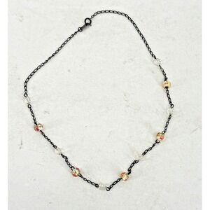 Vintage Mexican Glass Bead Necklace Floral Gold Fleck Black Chain MEX